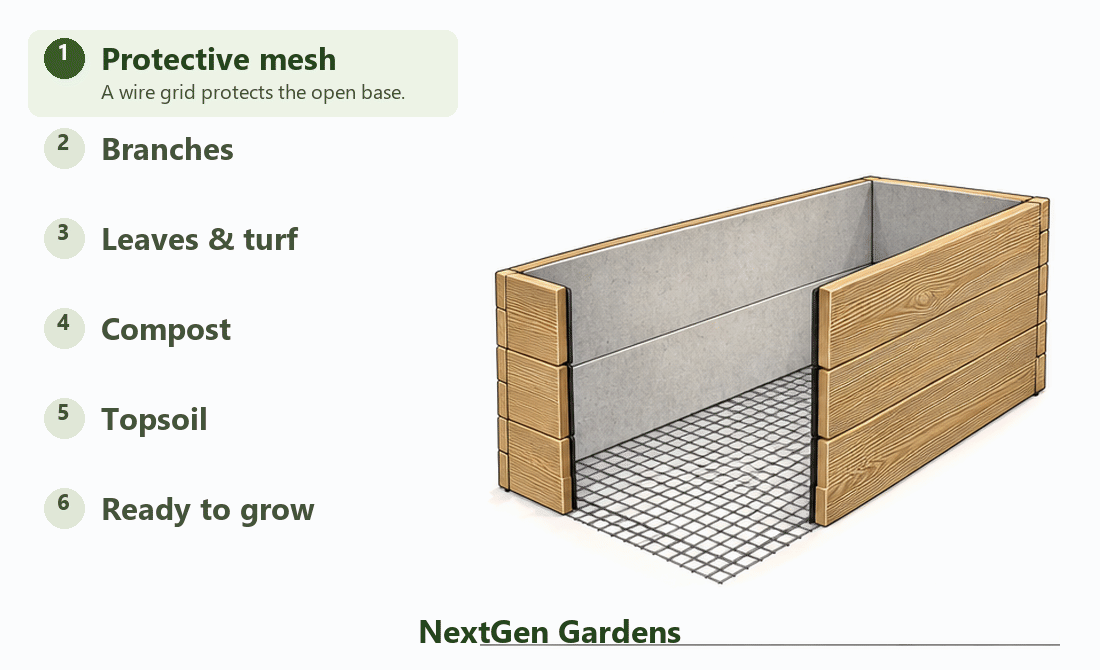 Animation showing the layers of a NextGen Gardens raised garden bed.